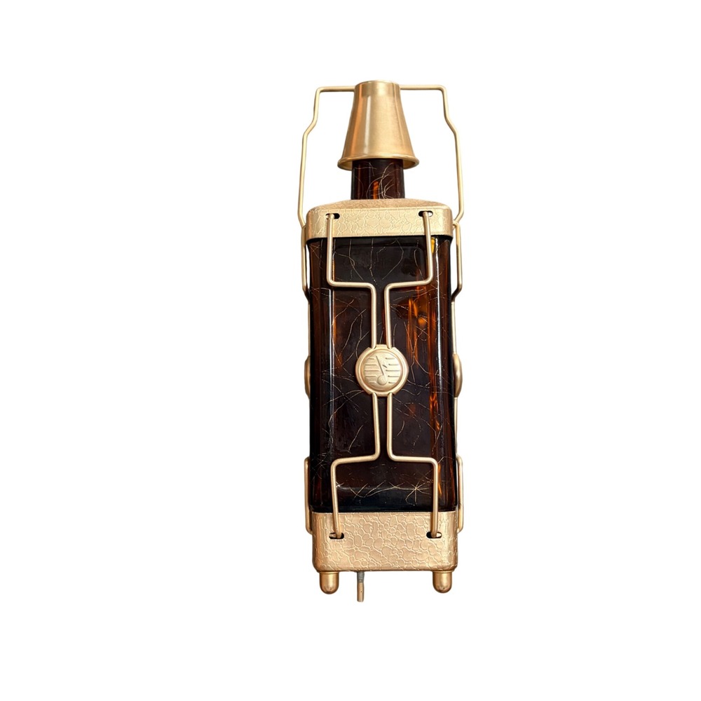 Vintage Amber Glass Liquor Decanter Gold Cage Music Box Barware *does not work*